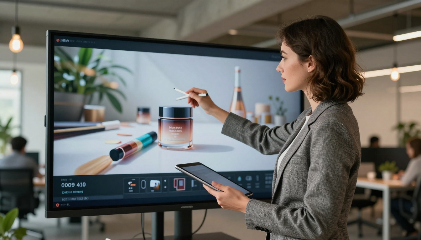 Marketing professional reviewing AI video ad content on a large display