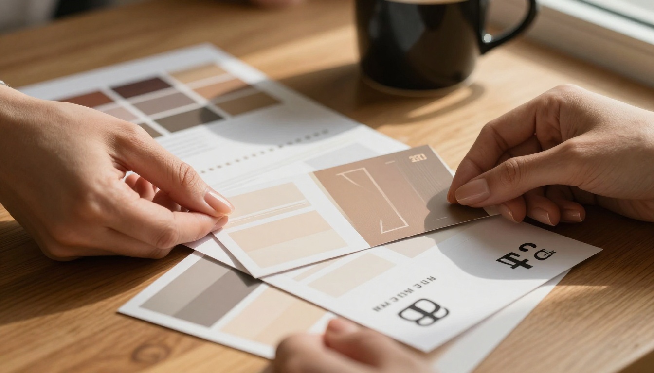 Designer's hands arranging brand color palette cards and logo proof sheets on oak desk
