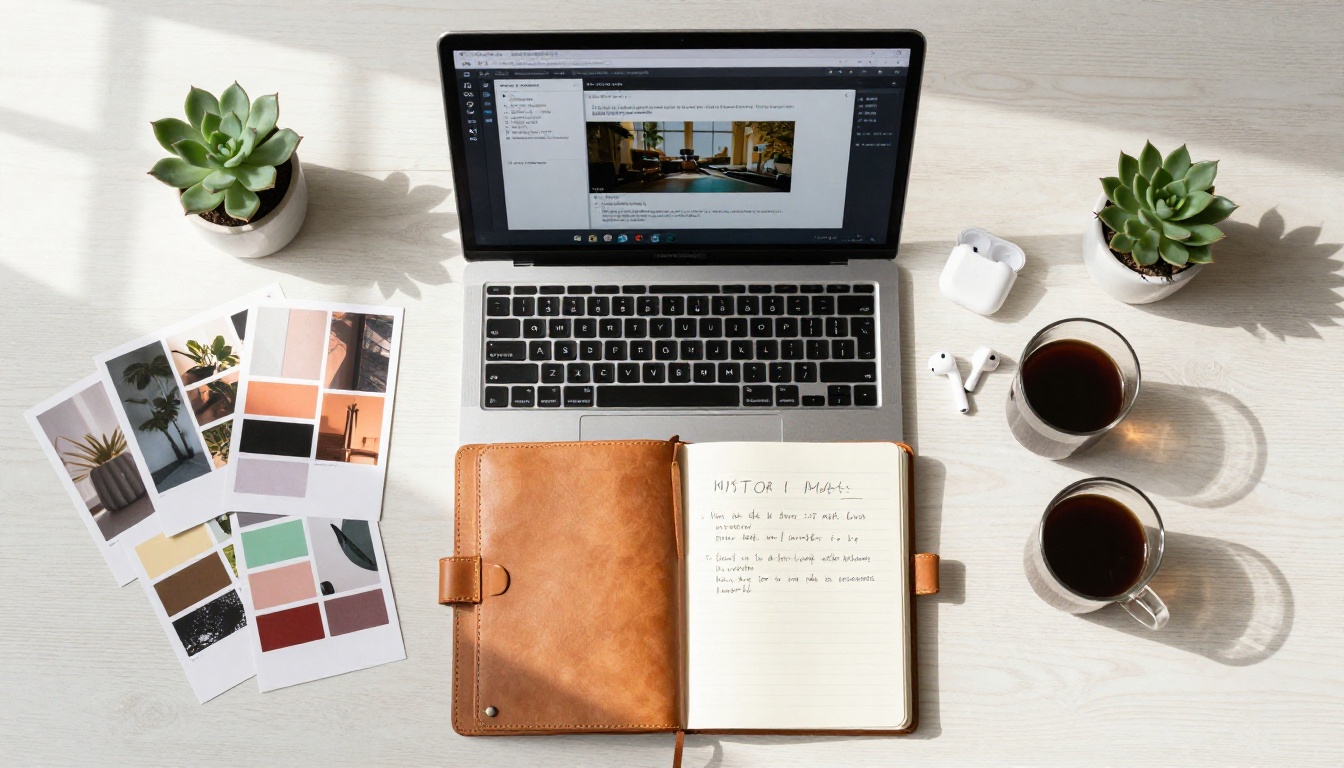 Aerial flat lay of a creative director's workspace with AI video interface on laptop