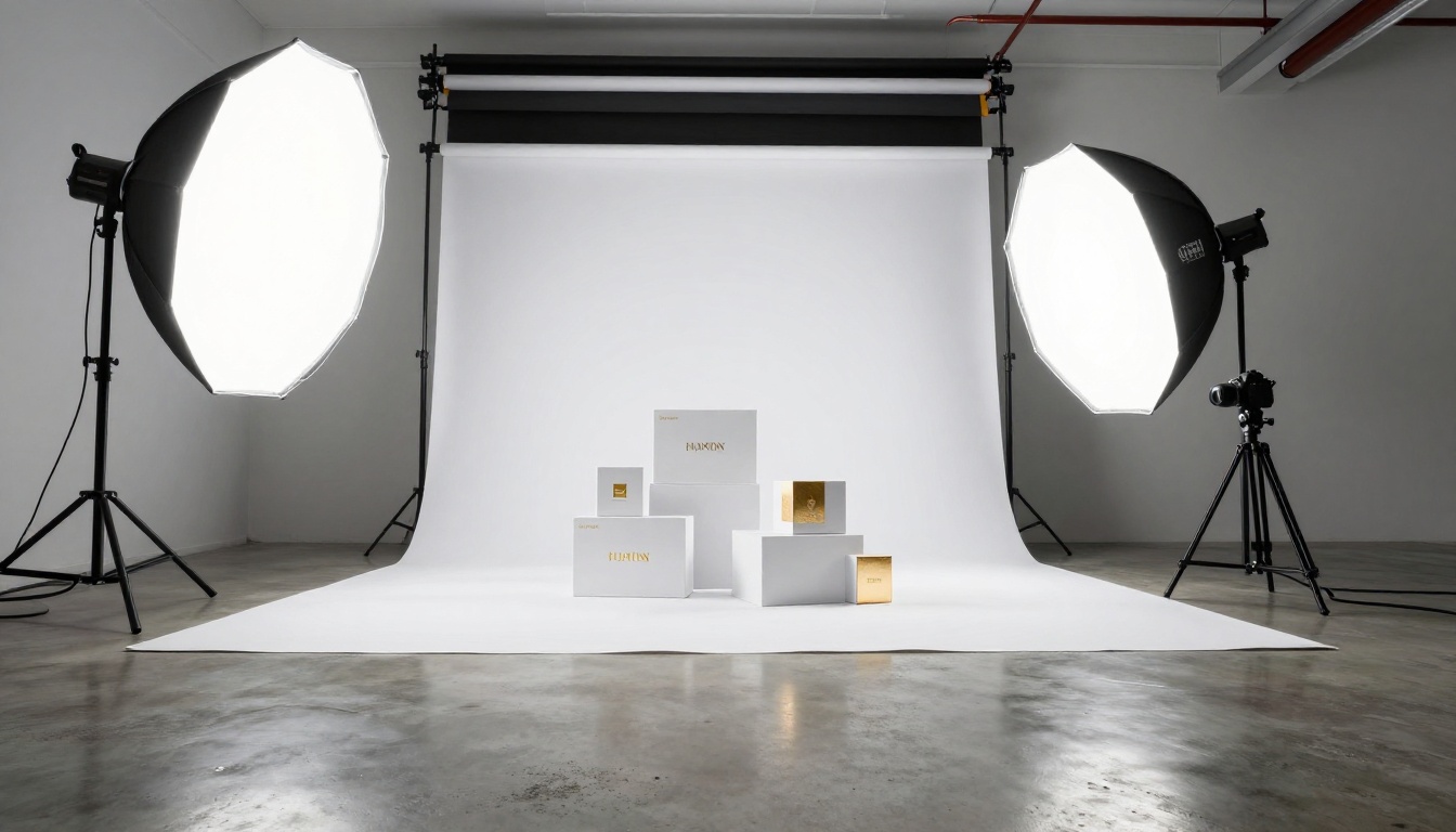 Product photography studio with consistent branded packaging on white infinity backdrop