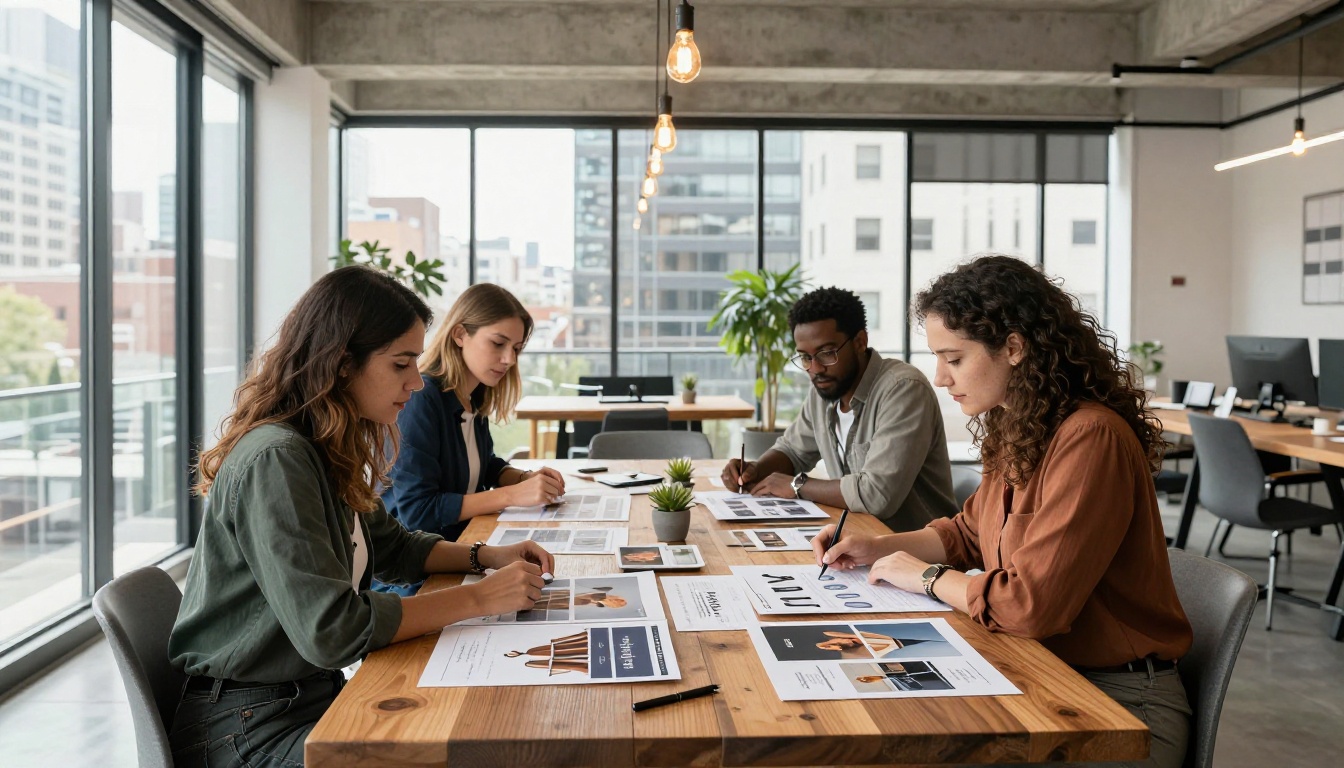 Marketing team reviewing consistent brand visual presentations on conference table