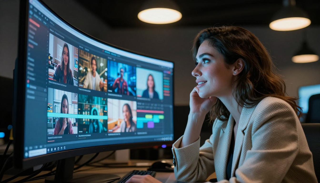 Woman at low angle reviewing AI-generated video content on a large curved monitor