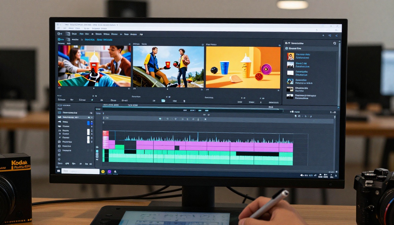 Close-up of professional video editing timeline on monitor showing a 10-second ad project