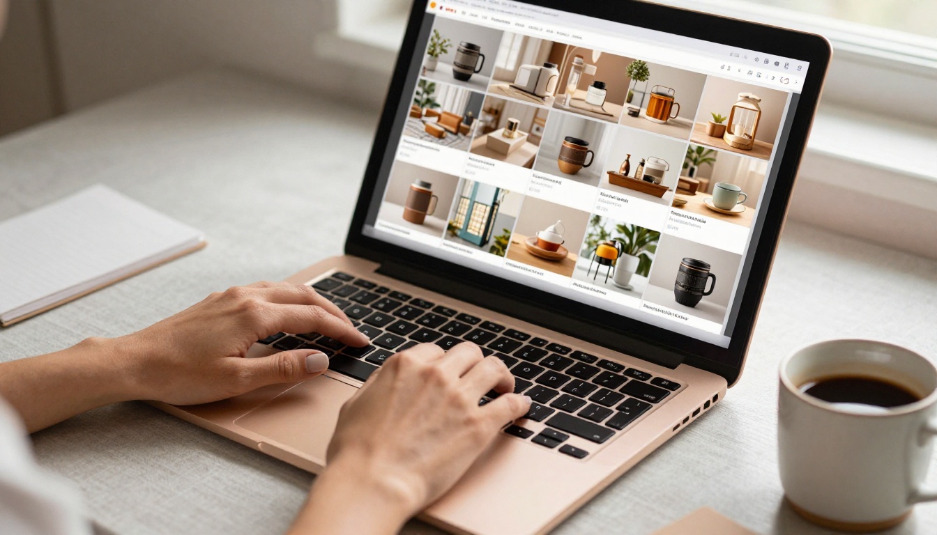 Hands typing on laptop with AI image generation interface showing consistent brand grid