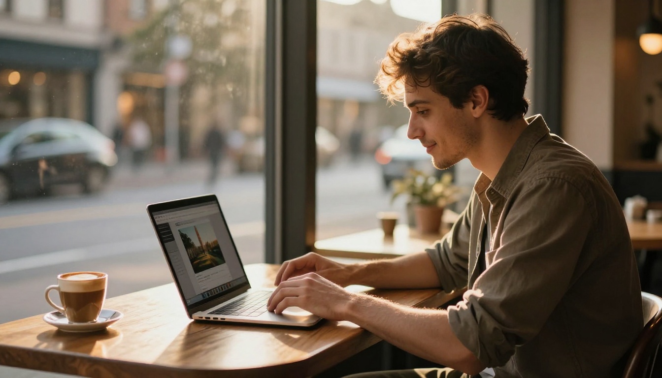 Entrepreneur reviewing AI video generation results on laptop at a cafe window seat