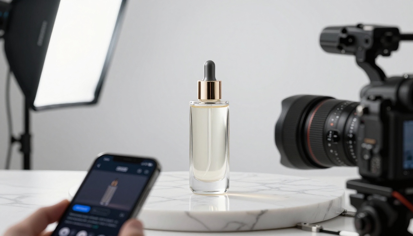 Professional product photography setup with luxury skincare bottle and AI video interface on phone