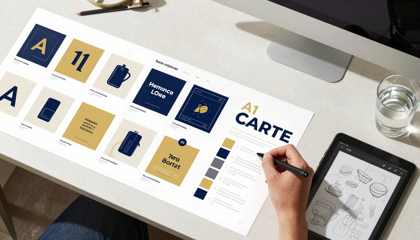 Overhead desk with brand style guide, color swatches, and social media post mockups Overhead desk with brand style guide, color swatches, and social media post mockups
