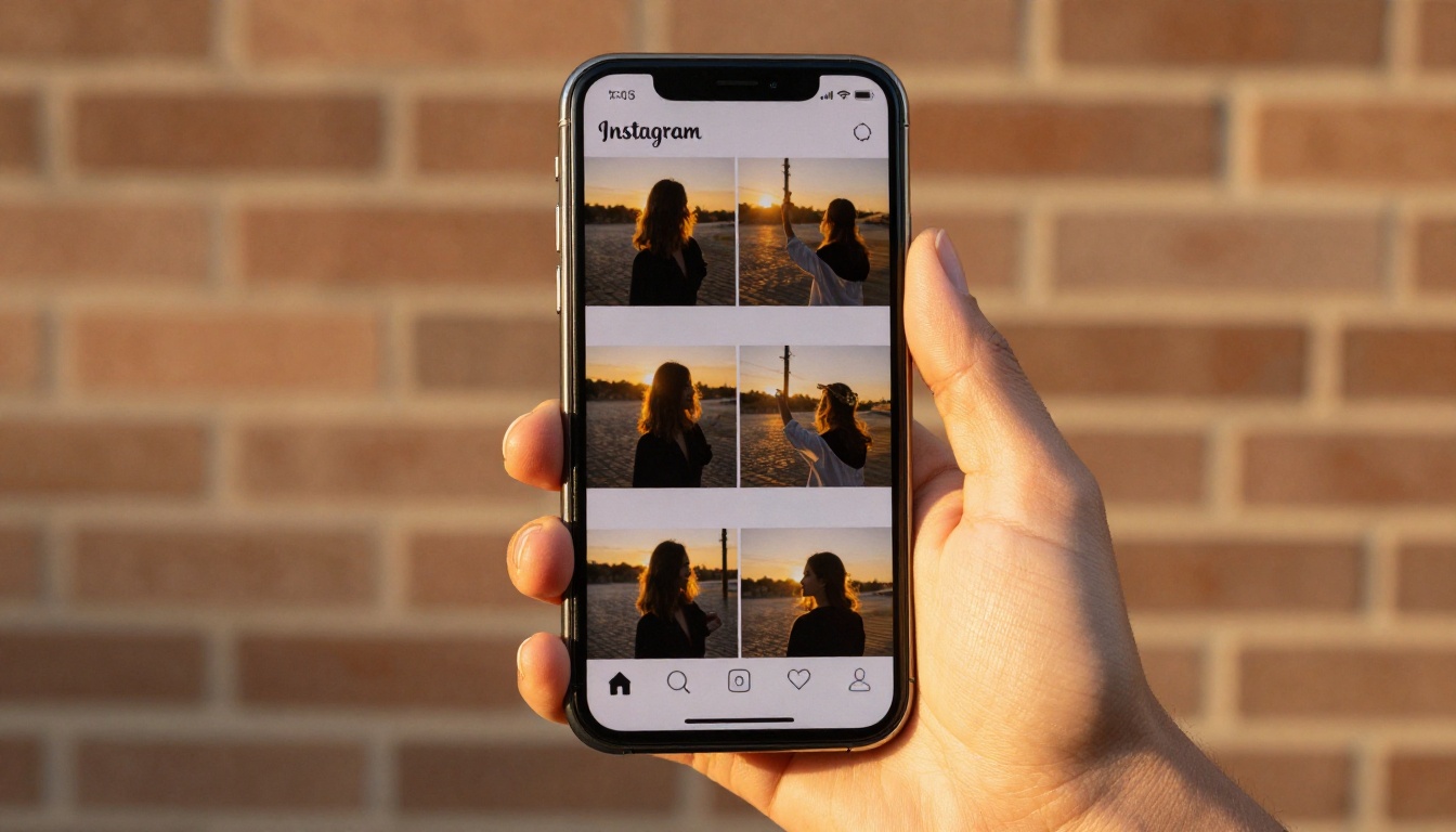 Smartphone showing consistently curated Instagram brand feed grid with matched color palette Smartphone showing consistently curated Instagram brand feed grid with matched color palette