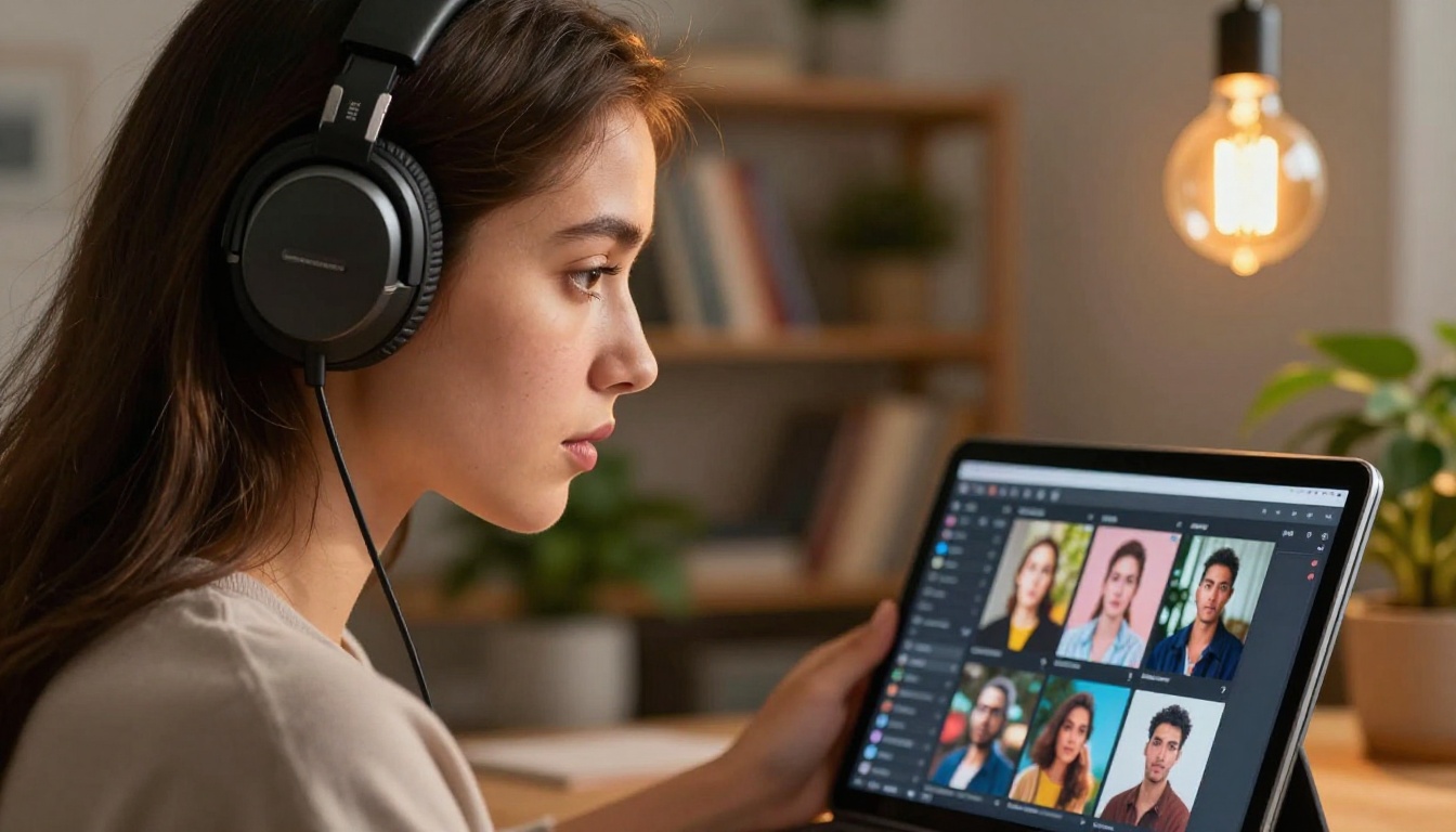 Creative director with headphones reviewing AI video model selection on a tablet