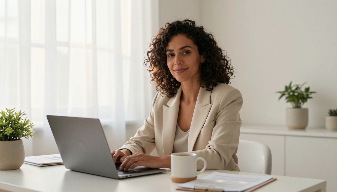 Female entrepreneur smiling at bright Scandinavian home office desk with brand dashboard Female entrepreneur smiling at bright Scandinavian home office desk with brand dashboard