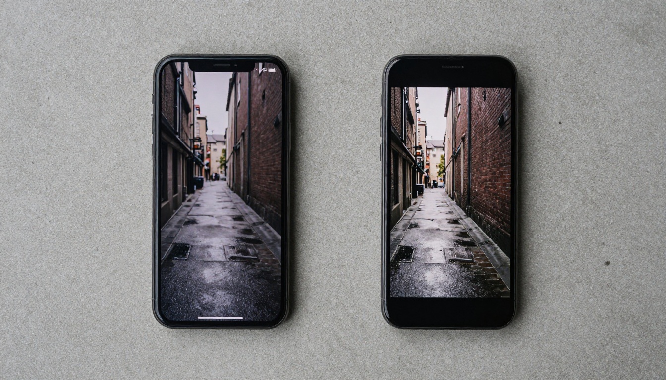 Two smartphones showing AI video frames side by side on concrete