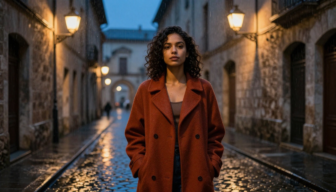 Woman in rain-soaked alley with cinematic lighting