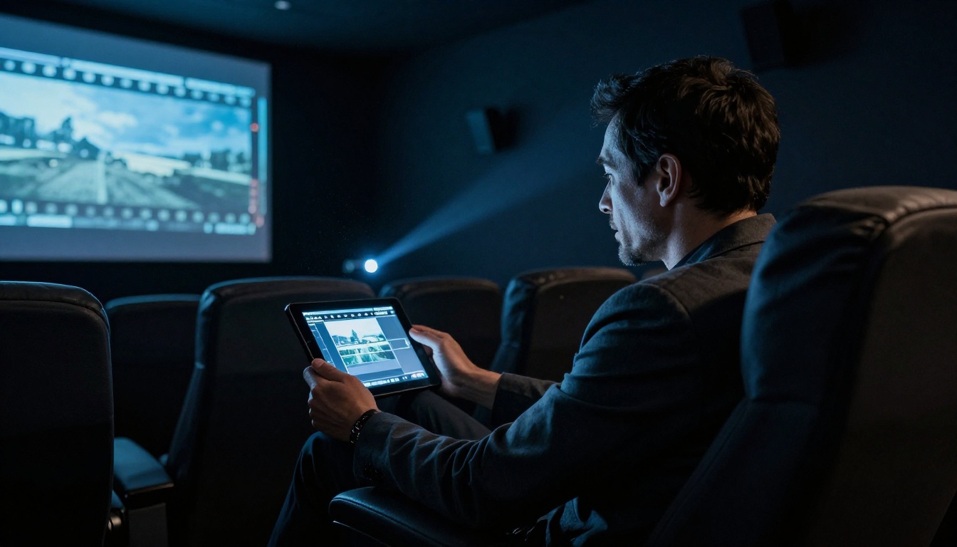 Film director evaluating video quality in screening room