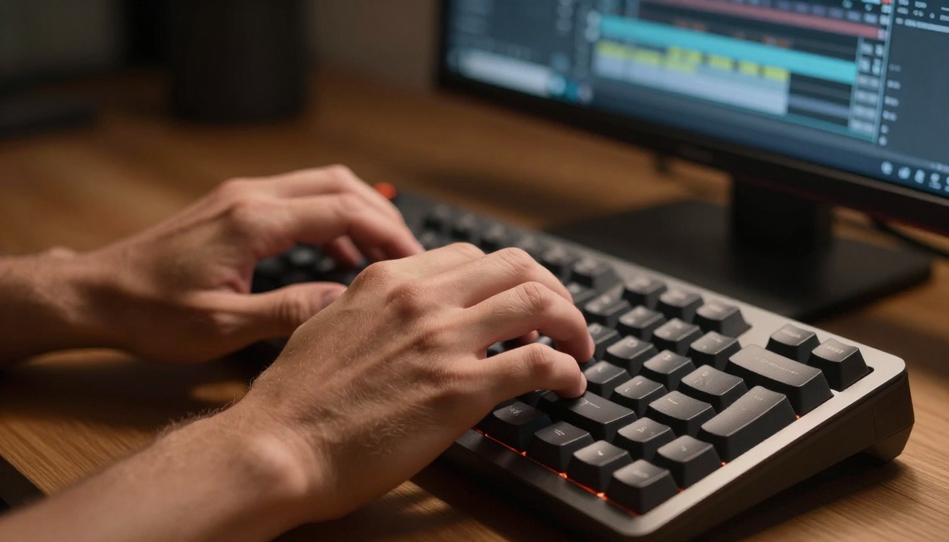 Hands typing with video editing timeline visible on monitor