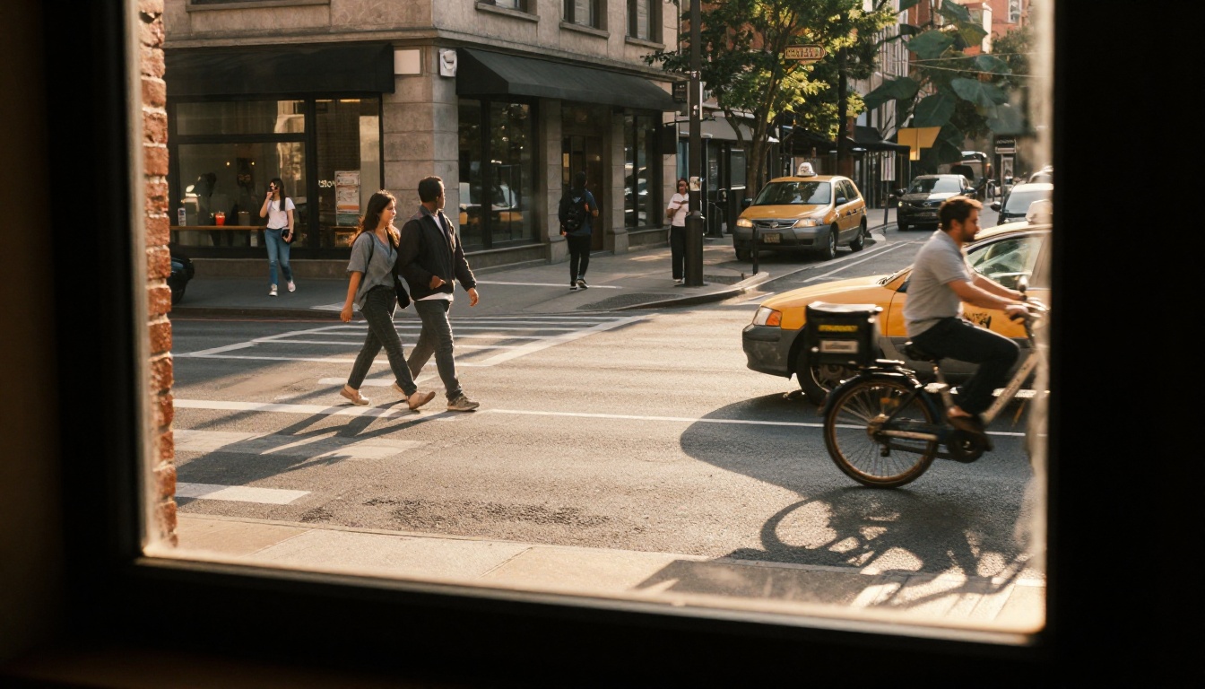 City street at golden hour seen from cafe window
