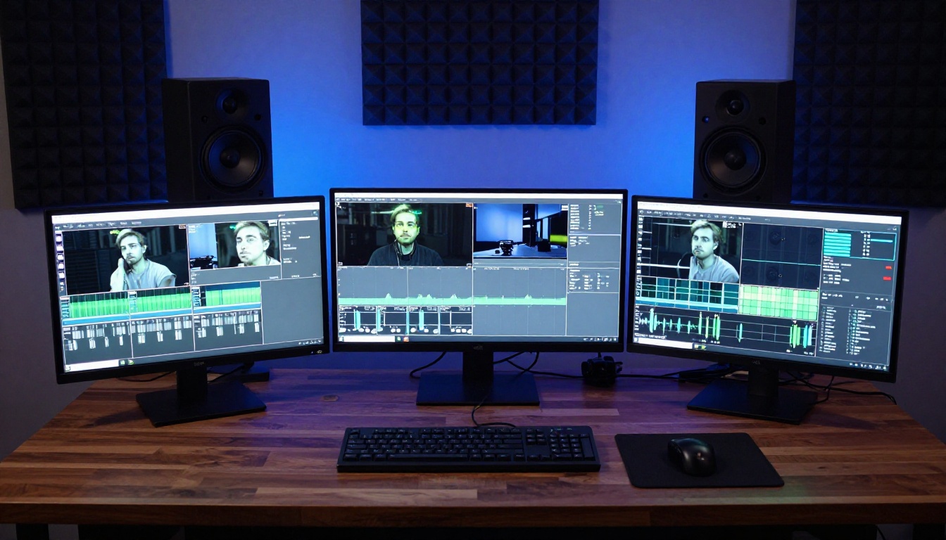 Professional video workstation with three monitors in studio