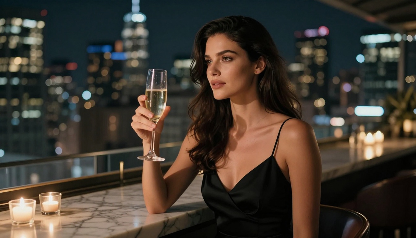 Woman with champagne glass at rooftop bar, city bokeh behind