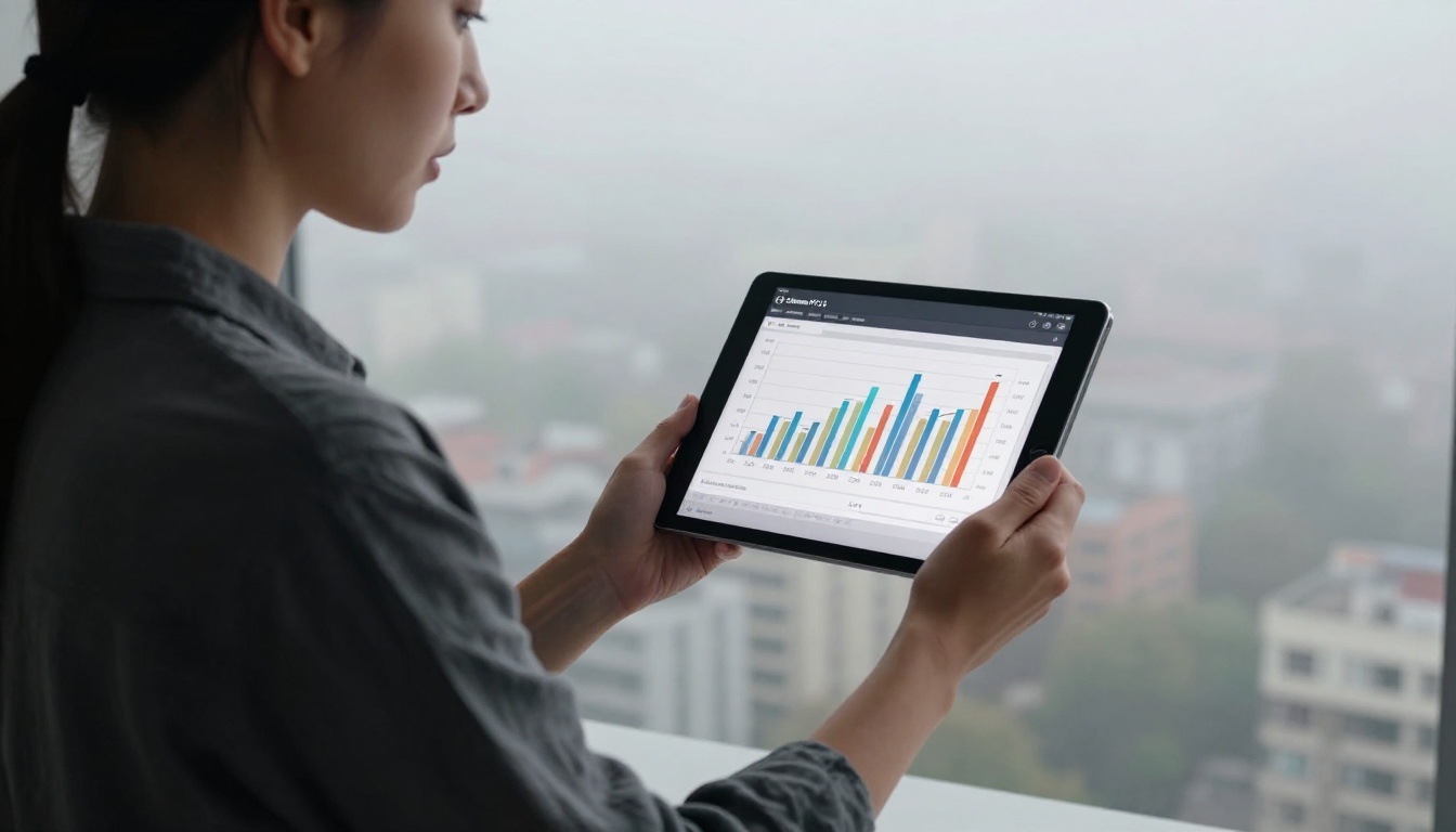 Technology reviewer with tablet showing performance benchmarks, foggy city outside