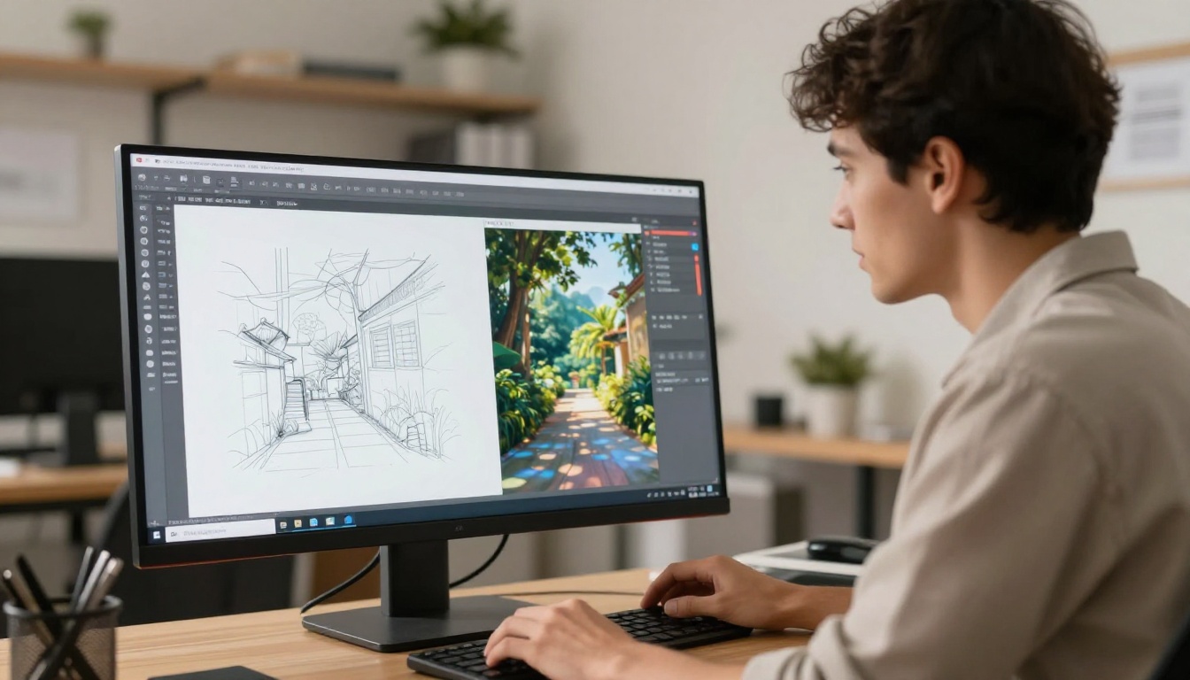 Designer at standing desk working with AI generation software