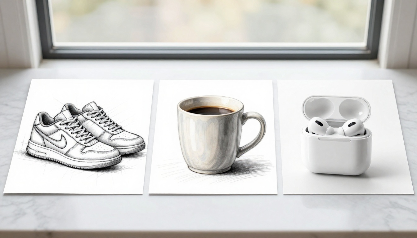 Multiple product sketches and renders displayed in flat lay