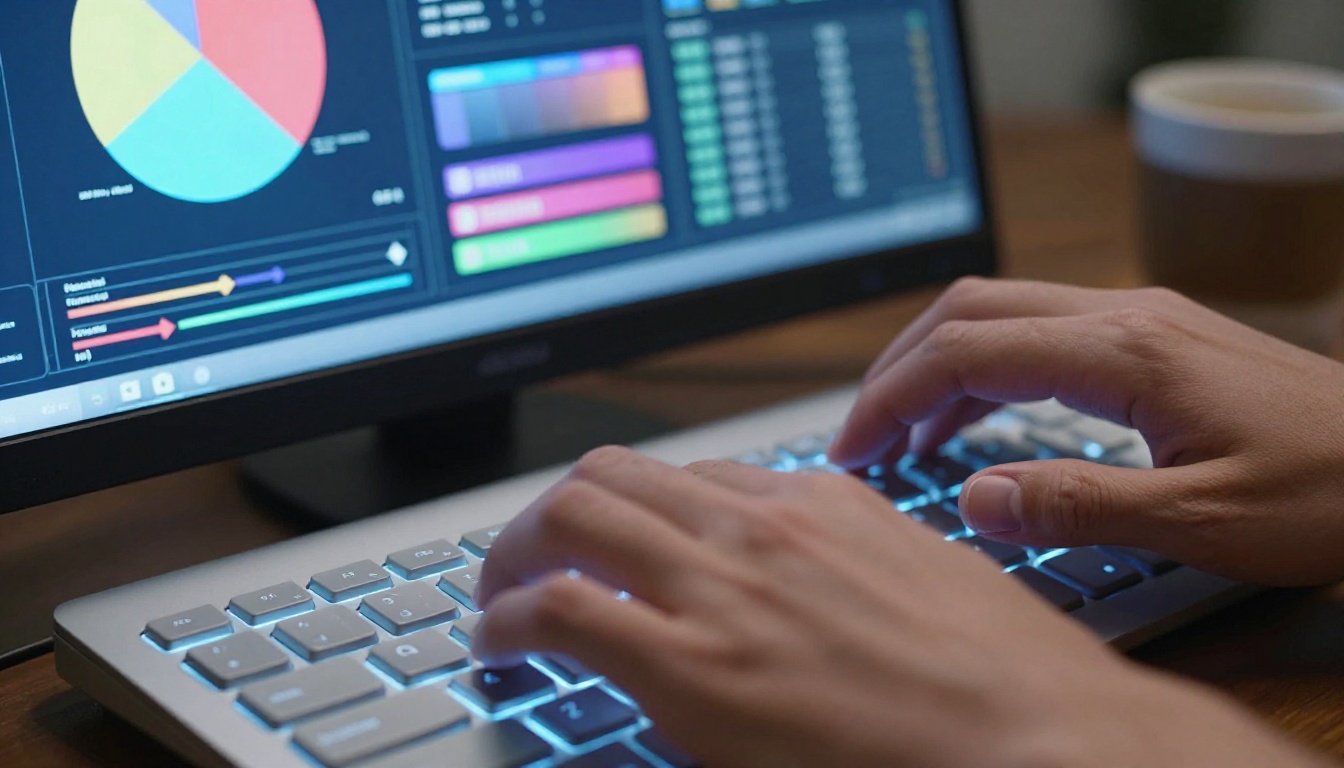 Designer creating infographics at a dual-monitor desk in golden afternoon light