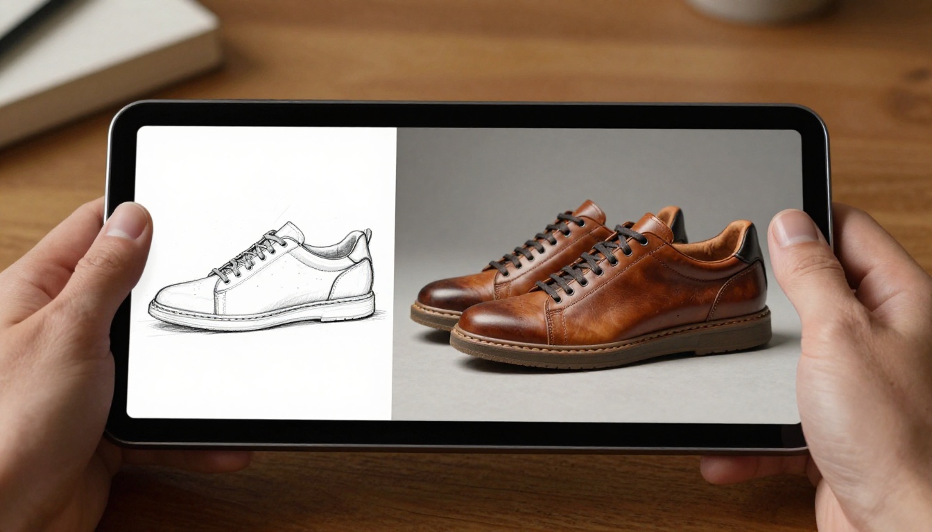 Tablet interface showing AI sketch to render conversion