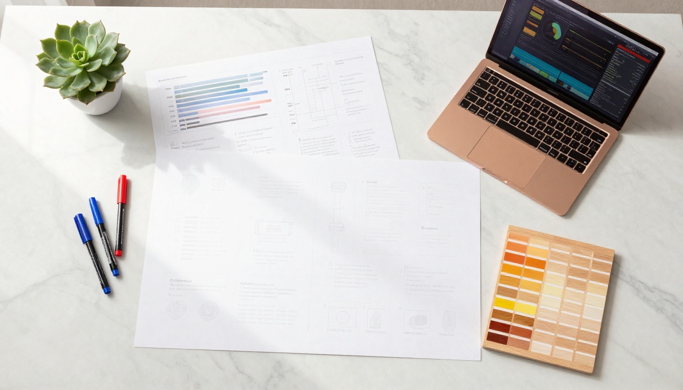 Aerial flat lay of design workspace with printed infographics and color swatches on marble desk