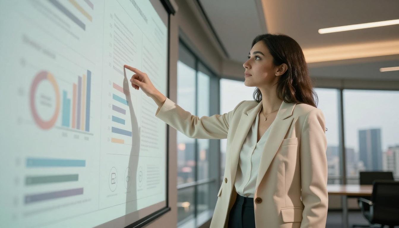 Confident woman presenting infographic data on a large wall display in a modern conference room