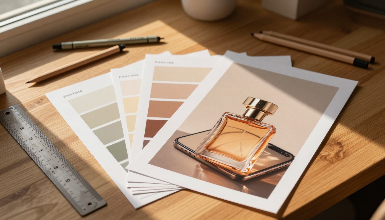 Designer workspace flat lay with tools and AI product renders