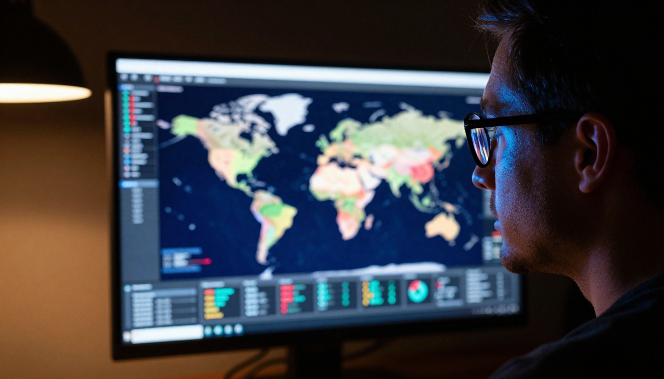 Man studying a world map data infographic on a widescreen monitor with dramatic chiaroscuro lighting