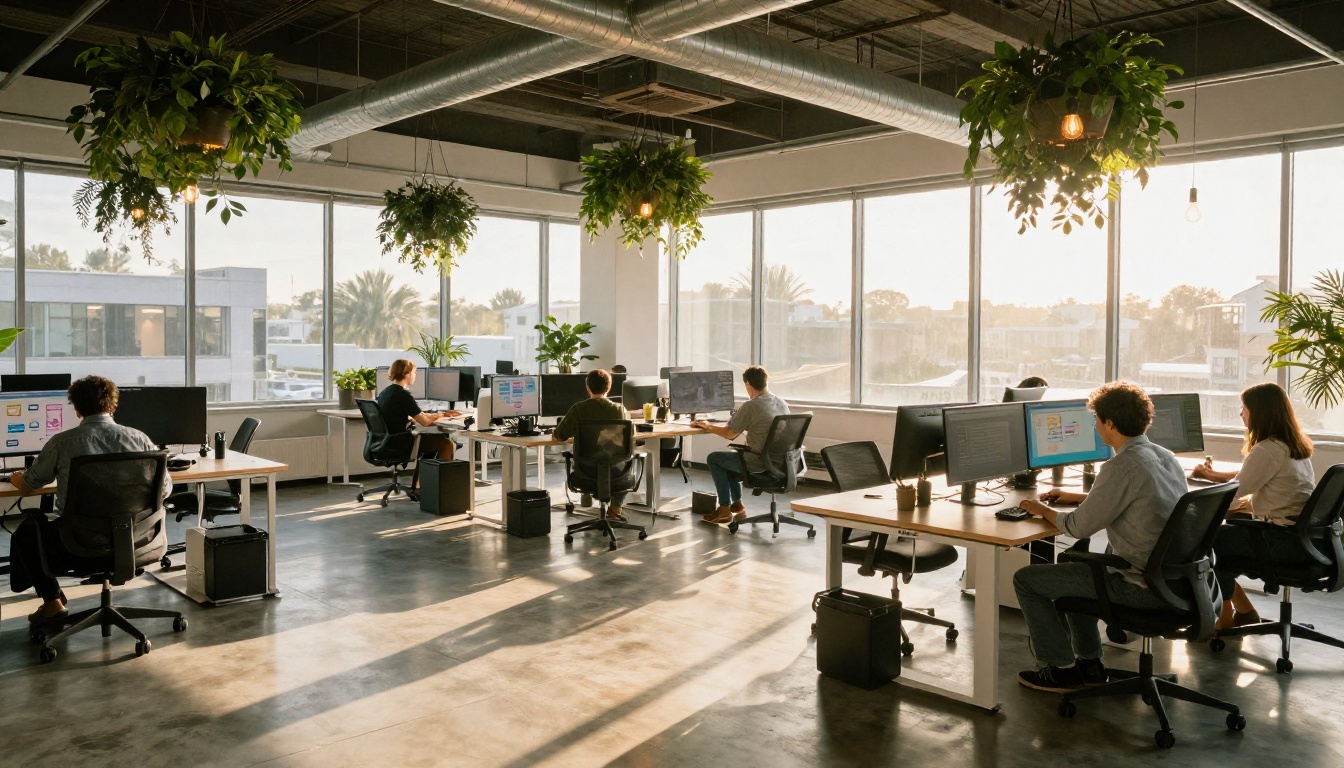 Bright modern creative agency office with designers working on infographic layouts at standing desks