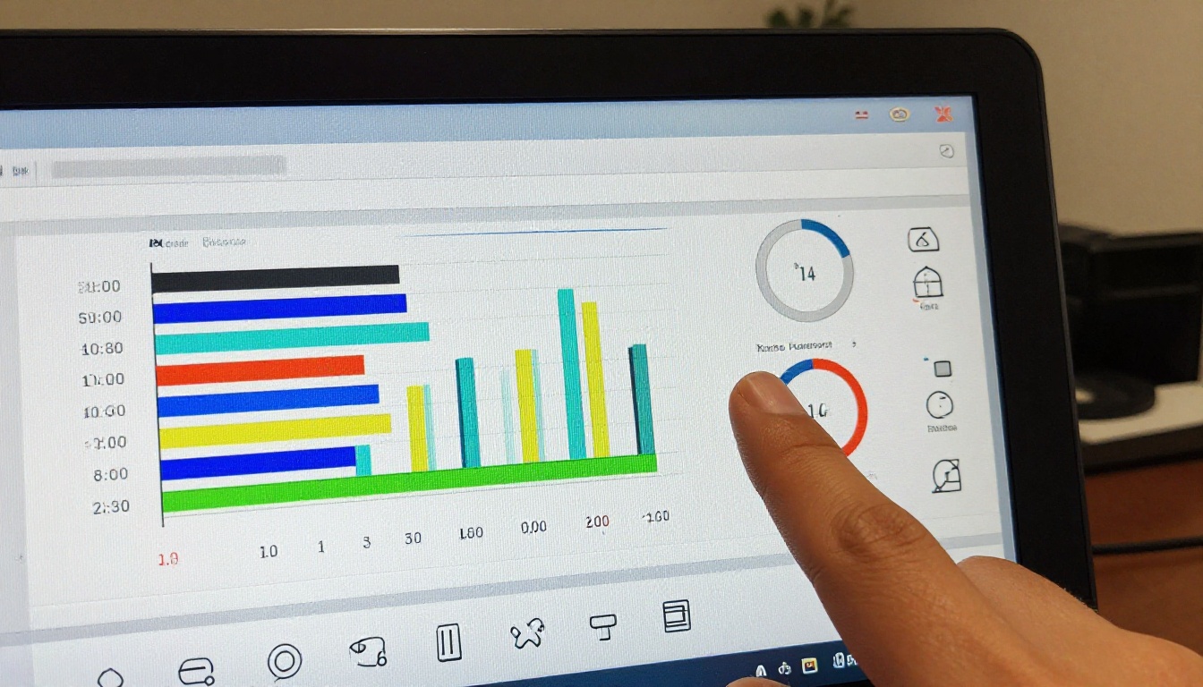 Close-up macro of monitor screen showing crisp infographic charts and progress indicators with fingertip for scale