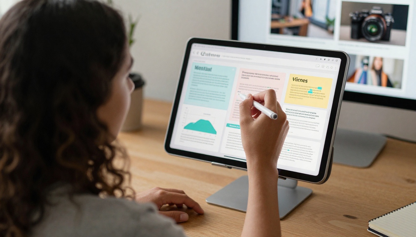 Young woman annotating infographic layout on iPad Pro with Apple Pencil in warm natural side lighting