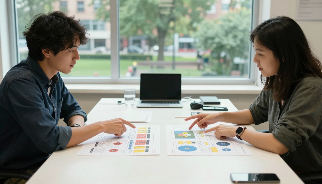Two designers collaborating over printed infographic drafts at a bright shared desk near a window