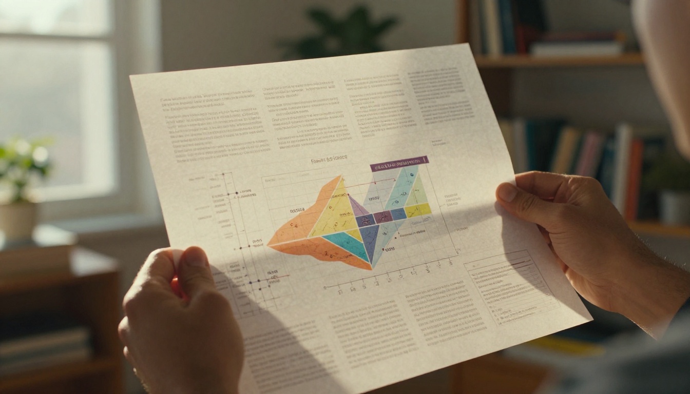 Designer's hand holding a backlit infographic printout up against a bright window with home office studio in background