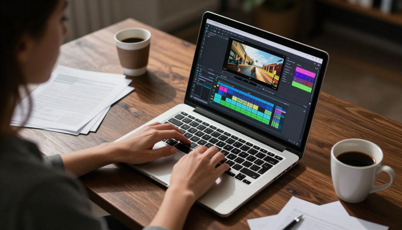 A laptop screen showing animation keyframe timeline with loop markers, low-angle shot on a walnut desk