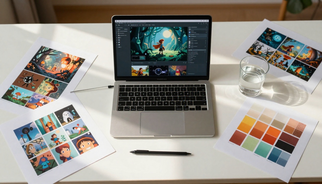 Aerial top-down view of a creative workspace with animation printouts and color swatches