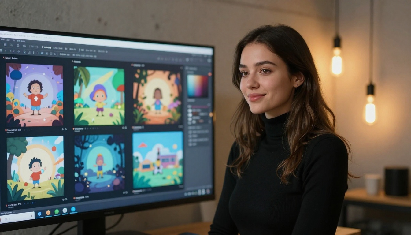 A woman standing before a large monitor displaying a colorful animation sequence in a modern studio