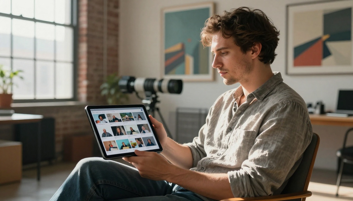 Creative director reviewing storyboard frames on tablet in sunlit open studio