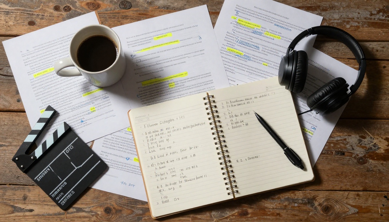 Aerial flat-lay of filmmaker's workspace with annotated script pages, notebook, headphones, and clapperboard on oak desk