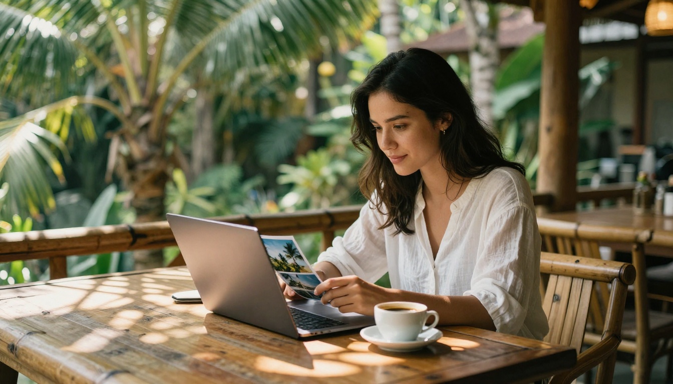 Traveler reviewing travel photos on a laptop at a bamboo cafe in Bali