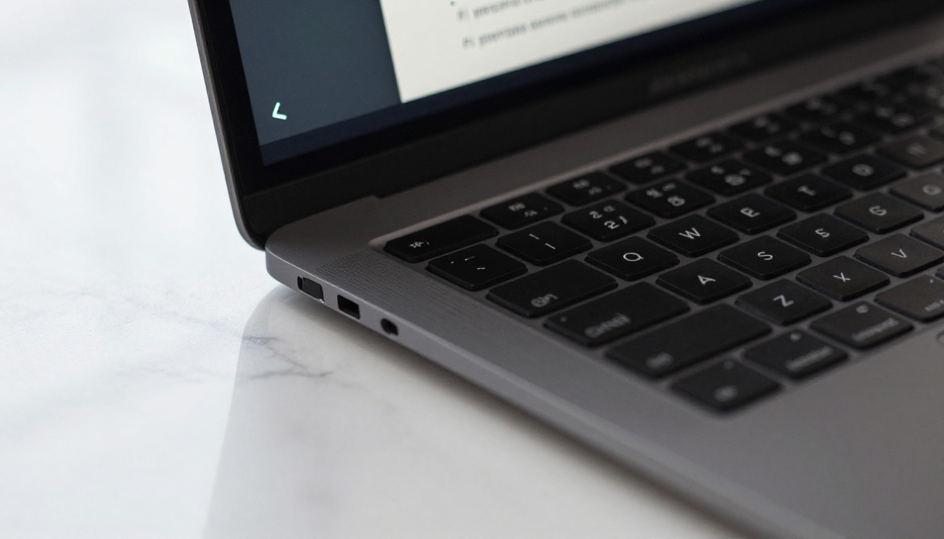 Close-up of a matte black laptop keyboard and trackpad with AI prompt interface visible on screen