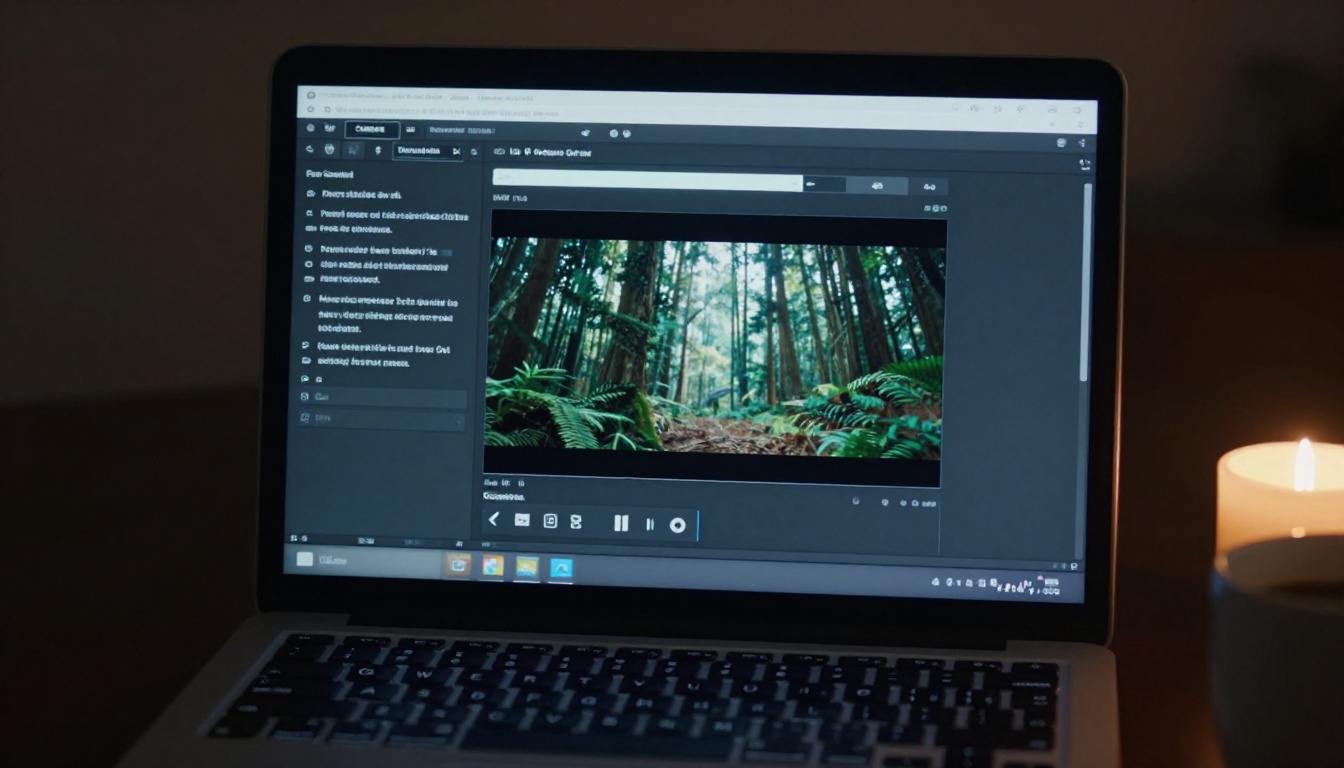 Close-up of laptop screen showing AI video generation interface in dim editing suite