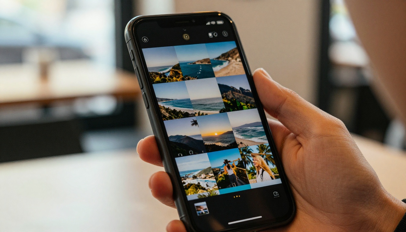 Close-up of smartphone displaying AI video interface with travel photo thumbnails