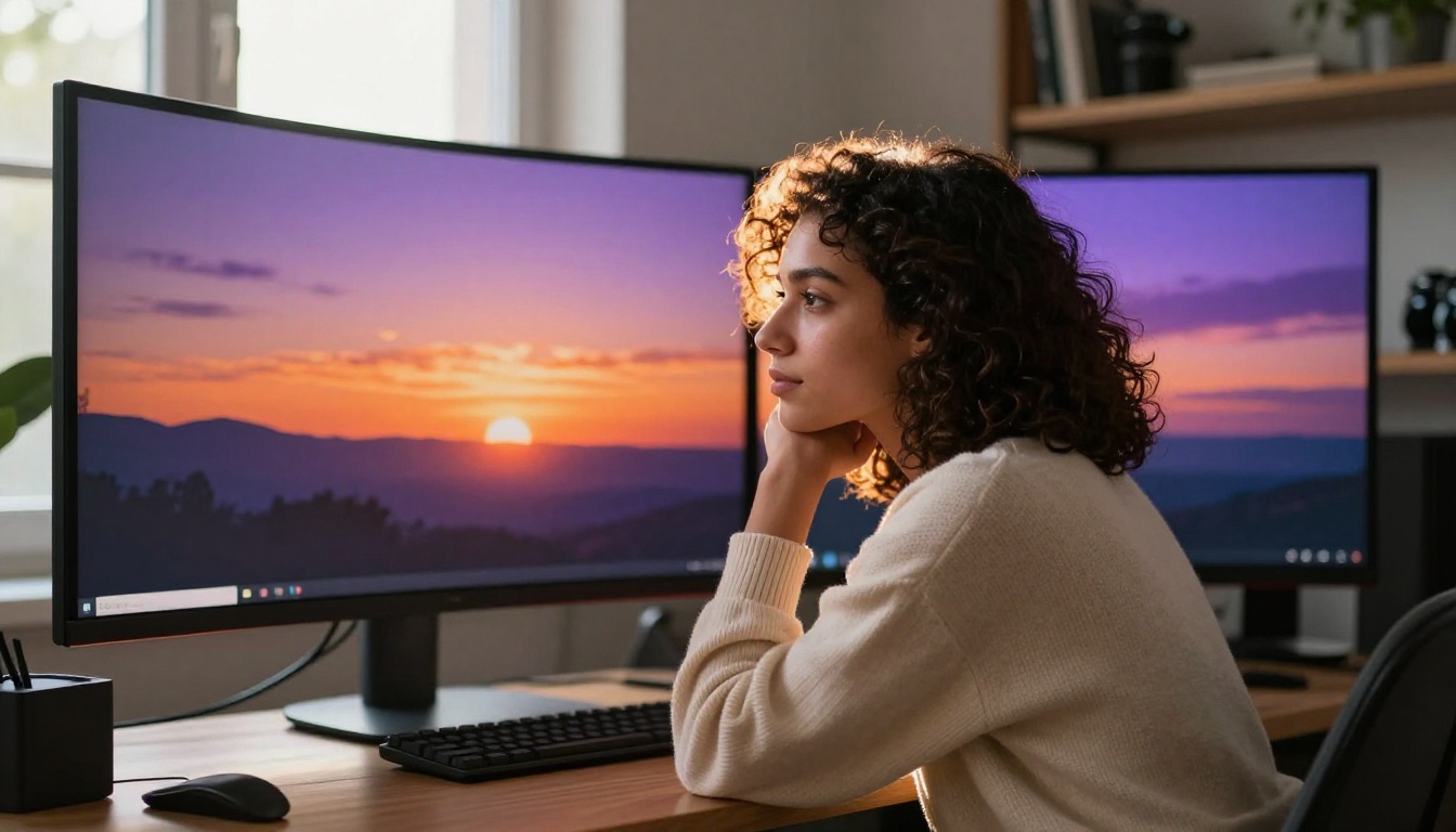 Young woman in home studio reviewing cinematic AI video on large ultrawide monitor