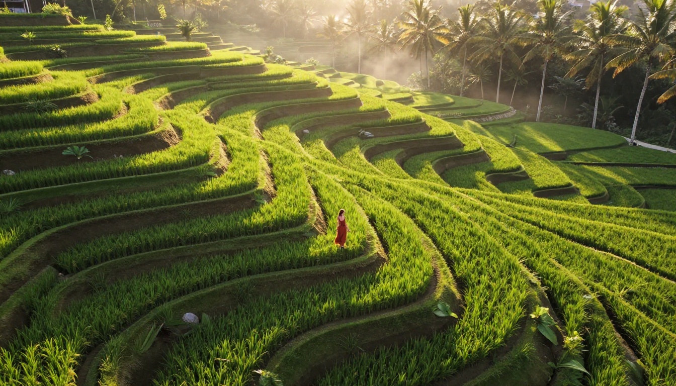 Aerial view of female traveler walking along Bali rice terraces at sunrise