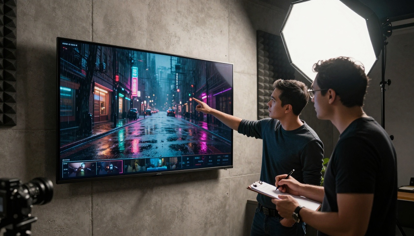 Two creative professionals in production studio reviewing AI-generated video on wall-mounted monitor