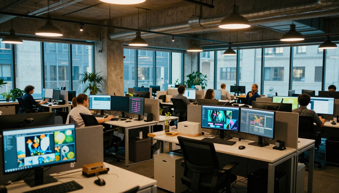A wide open-plan creative agency office with monitors showing visual content at multiple workstations A wide open-plan creative agency office with monitors showing visual content at multiple workstations