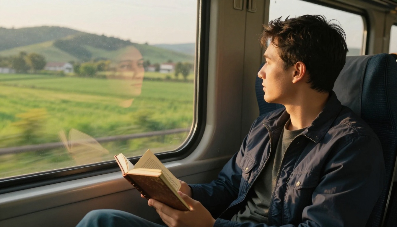 Male traveler watching countryside pass from a train window, reflection visible Male traveler watching countryside pass from a train window, reflection visible