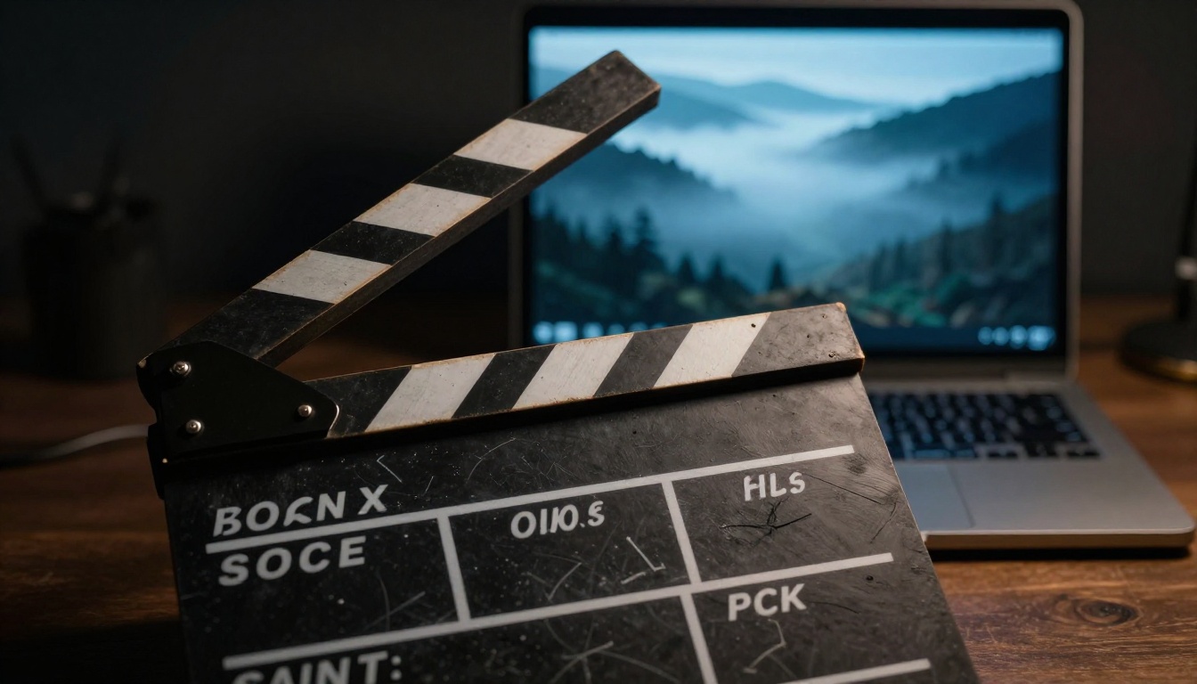 Worn film clapperboard in focus with glowing AI video laptop screen in background